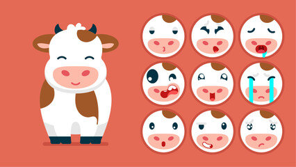 Cute cow, set of animal emotions, tiny cow with emoji collocation, sleeping, crying, sad, Bored, happy, excited, lovable, surprised, careless, confident, terrifled, stunned, Flat Vector avatar