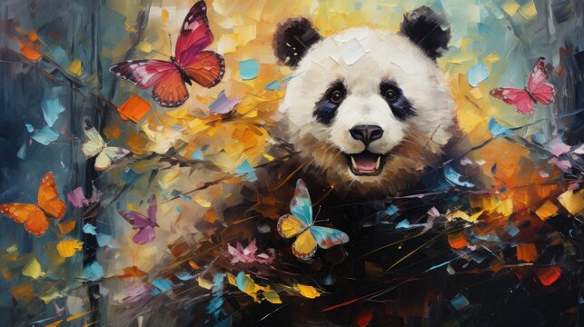 Chinese panda with fantasy forest colorful butterflies and flowers background. Generative AI