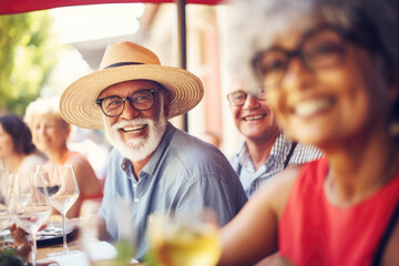 Happy group of senior mix race people having lunch in Amsterdam street restaurant . Life style concept with friends having fun together on summer holiday - Powered by Adobe