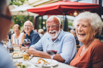 Happy group of senior mix race people having lunch in Amsterdam street restaurant . Life style concept with friends having fun together on summer holiday