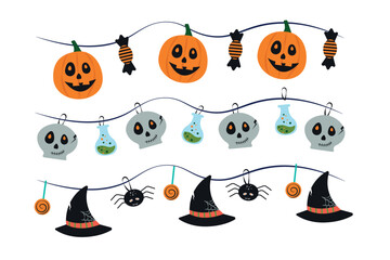 Halloween decorations, flags, halloween garlands.Vector illustration