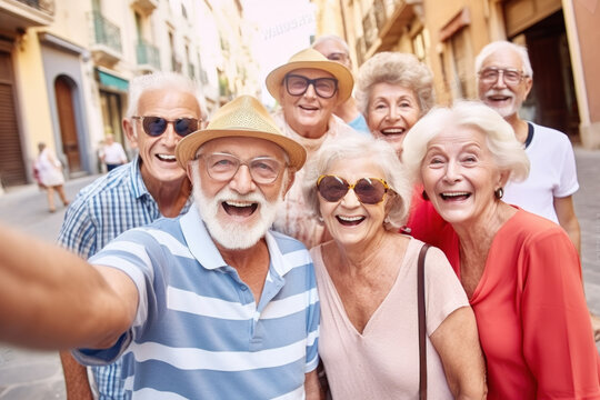 Happy group of senior people taking selfie and smiling at the camera on vacation in Barcelona. Pensioners having fun together on summer holiday