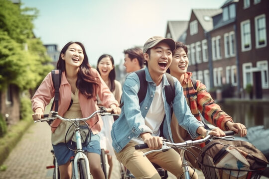 Happy group of young Japanese people with backpack riding a bike in Amsterdam. Life style concept with friends having fun together on summer holiday
