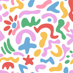 Fototapeta na wymiar Fun colorful doodle seamless pattern. Creative minimalist style art background for children or trendy design with shapes.