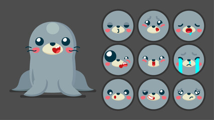 Cute seal, set of animal emotions, tiny seal with emoji collocation, sleeping, crying, sad, Bored, happy, excited, lovable, surprised, careless, confident, terrifled, stunned, Flat Vector avatar