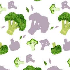 Broccoli side view and in section, a head of a plant of the cabbage family, a small green tree. Seamless pattern on white background with shadow.