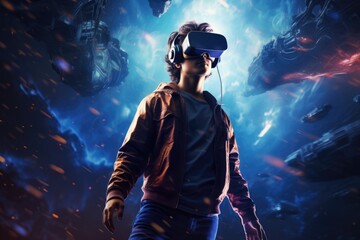 Young man wearing VR glasses. Modern technology, metaverse concept