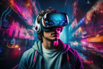 Young man wearing VR glasses. Modern technology, metaverse concept
