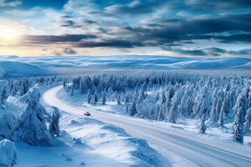 Fototapeta na wymiar Aerial view of snowy winter forest in sunny day and straight road in the middle going forward Generative AI