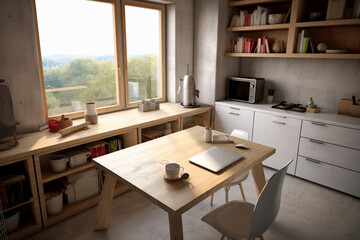 Corner view on bright kitchen room interior with dining table, chairs, cupboard, white wall, wooden hardwood floor, shelves, books, carpet, coffee machine. Concept of minimalist design. Generative AI