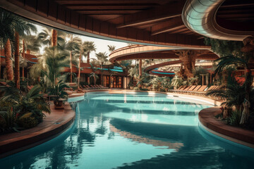 Fototapeta na wymiar Panoramic holiday landscape. Luxurious beach resort hotel swimming pool and beach chairs or loungers under umbrellas with palm trees, blue sunny sky. Summer island seaside, Generative AI