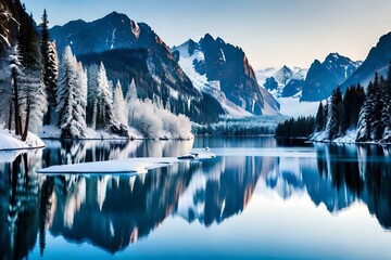 A serene frozen lake with snow covered trees and mountains - AI generative