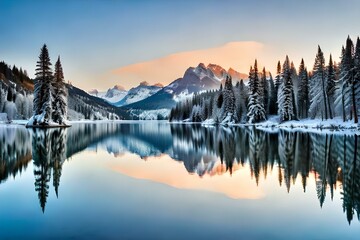 A serene frozen lake with snow covered trees and mountains - AI generative