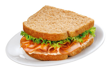prato com sanduíche de peito de peru defumado com alface, cenoura ralada e maionese isolado em fundo transparente -  sanduíche natural - obrazy, fototapety, plakaty
