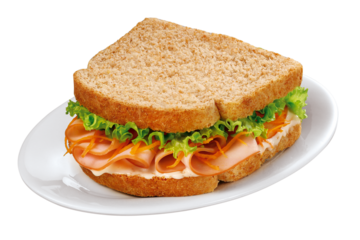prato com sanduíche de peito de peru defumado com alface, cenoura ralada e maionese isolado em fundo transparente -  sanduíche natural