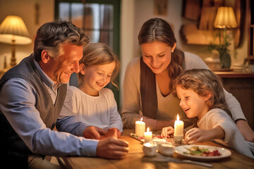 Obraz na płótnie Canvas Happy family with burning candles at the table in living room at home. Parents and children play together. Generative AI