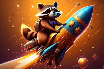 A brown raccoon riding a rocket.
Generative AI