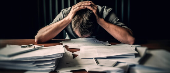 a stressed man holding his head looking at piles of documents - obrazy, fototapety, plakaty