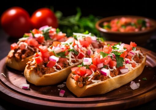 molletes on a terracotta plate with refried beans, cheese, and pico de gallo toppings artistically arranged on the top