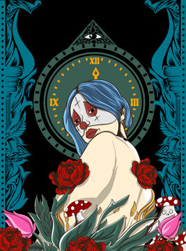 girl with clown mask under background wall clock and roman frame