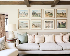 Living room gallery wall, home decor and wall art, framed art in the English country cottage interior, room for diy printable artwork mockup and print shop