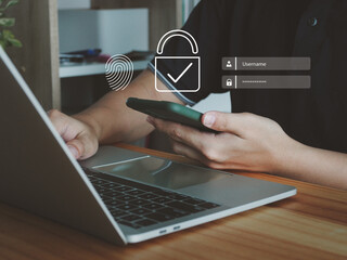 Smartphone security system cyber security Man using smartphone for banking investing privacy through fingerprint scanner for identity verification and username and password.