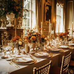 Fototapeta na wymiar Wedding, event celebration and autumn holiday tablescape, classic autumnal decor and formal dinner table setting in the country mansion, table scape with candles and floral decoration