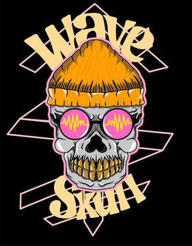 a skull wearing an orange beanie and round glasses with the symbol as the background and the inscription wave skull for a clothing brand