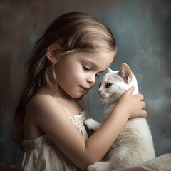 Girl with white cat. Ai generation.