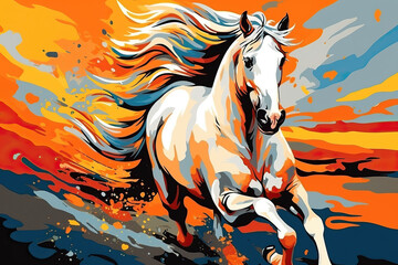Fototapeta na wymiar running white horse in style of pop art, ai generated