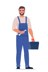 Repairman or mechanic with a toolbox. Man character in uniform with wrench in his hand. Vector illustration.