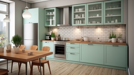 Fototapeta premium Architecture, interior of a kitchen in mint green colored tone.