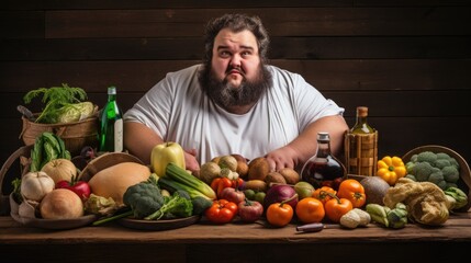 Fat man with healthy food on the table.