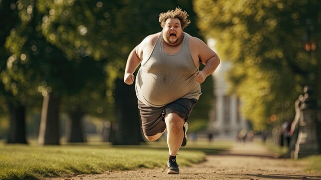 One overweight man running sweaty in the park.
