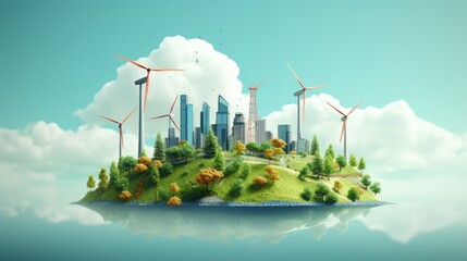 renewables energies concept, green world with windmills