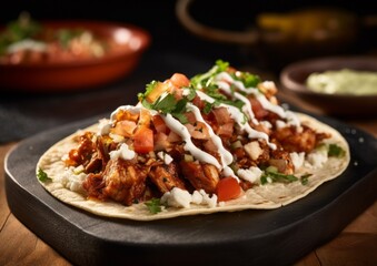 Pato en Mole, garnished with toasted sesame seeds glistening under warm diffuse light; the dish accompanies by a side of tortillas, its texture, and subtle color variations caught in remarkable detail