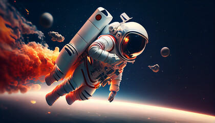 3d render spaceman astronaut flying with rocket 3d illustration design Ai generated image