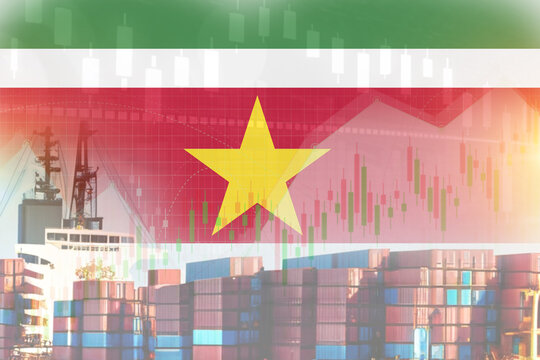 Suriname flag with containers in ship. trade graph concept illustrate poster design.