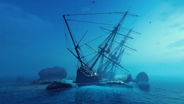 Shipwreck Sailing Ship in a 3D animation