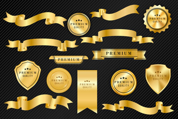 Vector luxury gold badges premium emblem round promotion decoration element. - obrazy, fototapety, plakaty