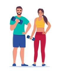 Obraz premium Fitness couple. Man and woman dressed in sportswear are doing exercises with dumbbells. Vector illustration.