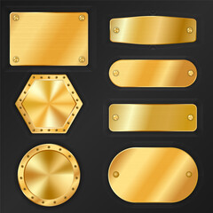 Vector golden plate retro frame, realistic golden badge.