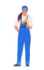 Girl painter. Woman character in blue uniform. Vector illustration.