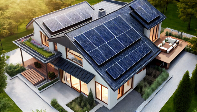 A view from above of a home with solar photovoltaic panels on the roof providing clean power, Ai generated image
