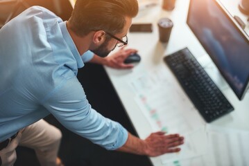 Work hard. Young bearded businessman in eyeglasses and formal wear using computer while standing in...