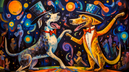 dancing cartoon dogs on the art circus stage, made with Generative AI