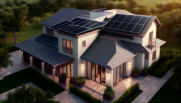 A view from above of a home with solar photovoltaic panels on the roof providing clean power, Ai generated image