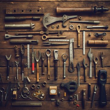 Retro vintage rustic workshop with old tools and miscellaneous parts, generative AI photo.