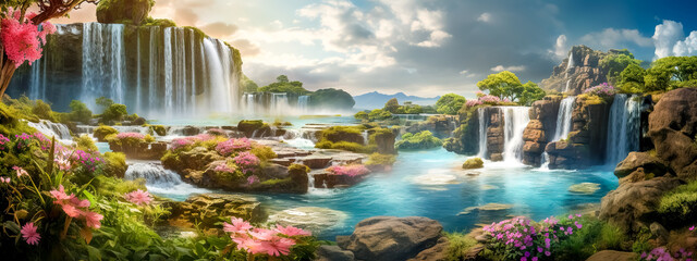 a waterfall in a gorgeously fantastic flowering landscape, banner made with Generative AI - obrazy, fototapety, plakaty