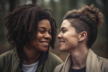 Fototapeta premium Harmony in Diversity: Close-Up of Beautiful White and Black Women Embracing, generative ai